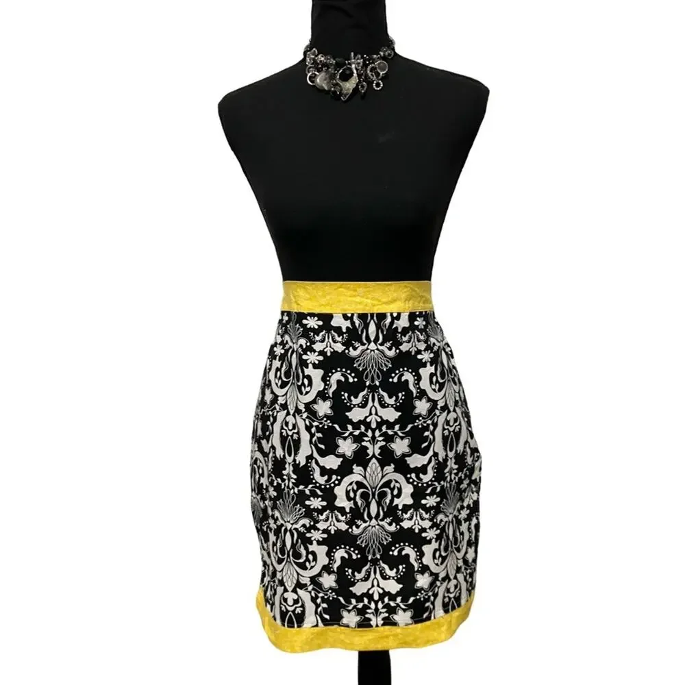 Hand Crafted Black, and White Floral Apron with Yellow Accents OSFM